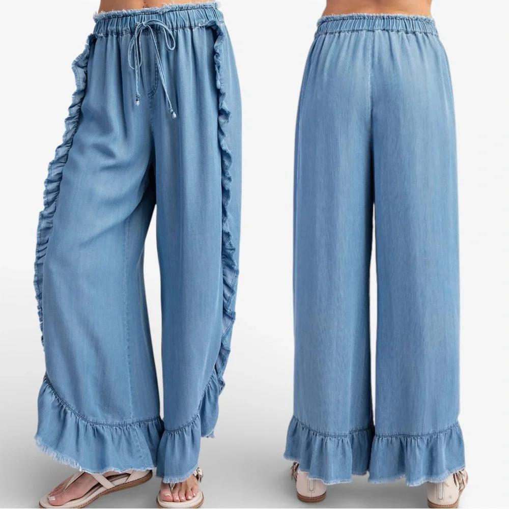 Easel light blue chambray denim wide leg elastic waist pull on pants size Large - Picture 2 of 13